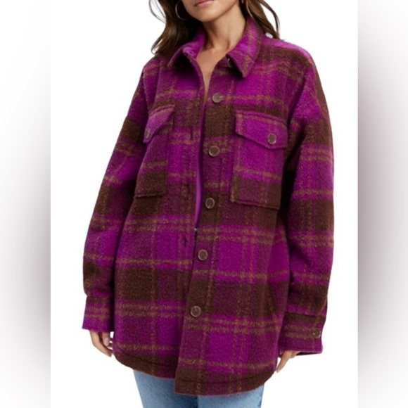 NWT GOOD AMERICAN Women’s Pop Thistle Large Plaid Oversized Shacket Sz 00/0 - Picture 1 of 14